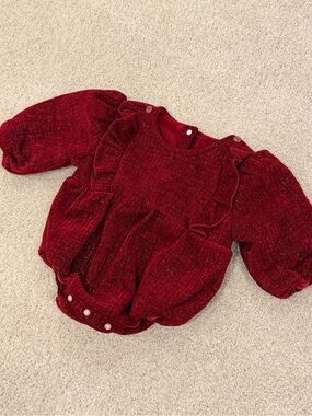 Baby Ruffled Long-Sleeve One-Piece Bodysuit in Deep Red